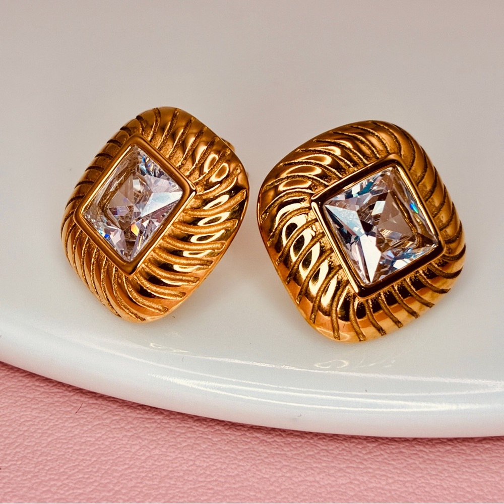 Gold Button Square Textured Stud Earrings with Cubic Zirconia Accent